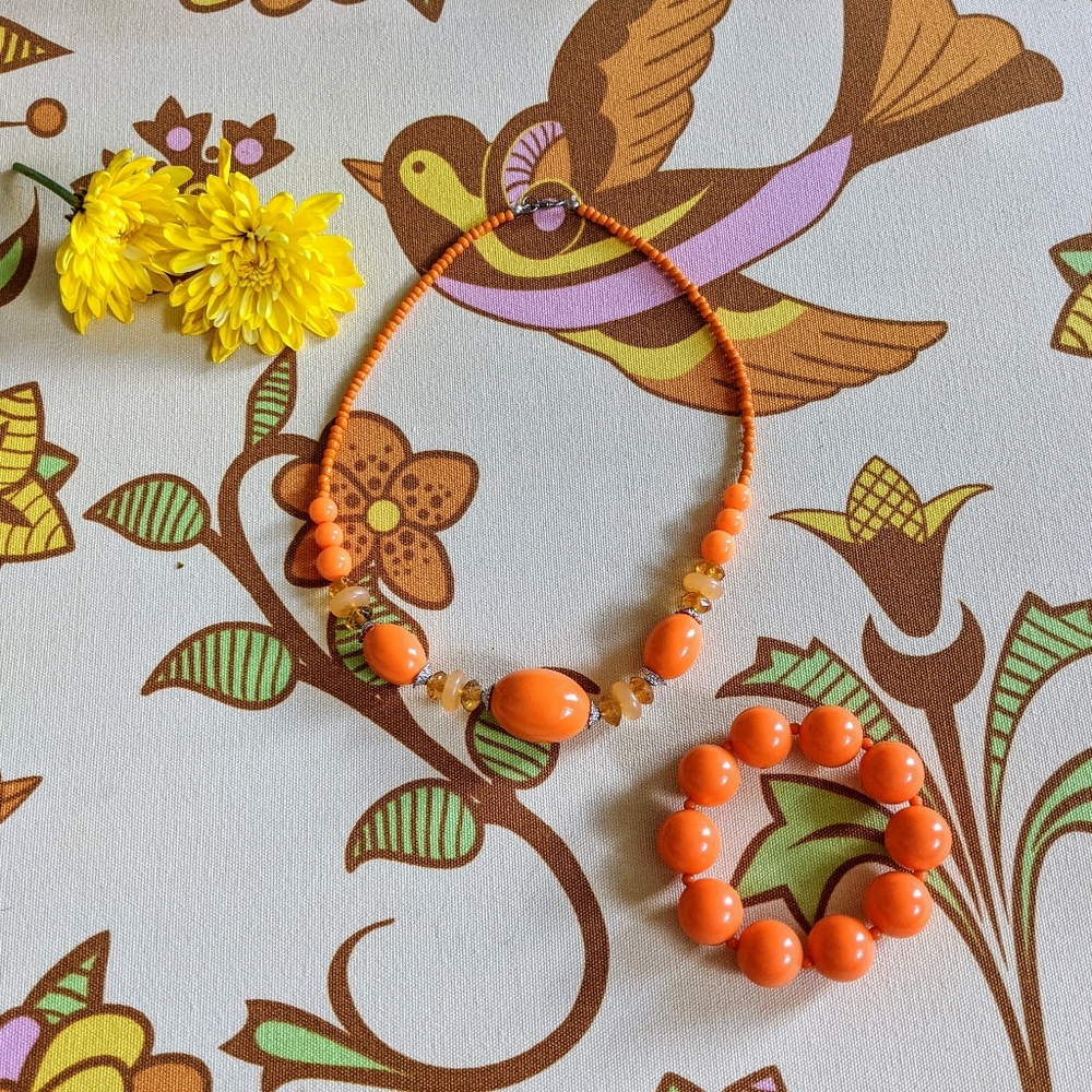 Vintage Orange Beaded Necklace & Bracelet